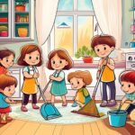 niños y niñas realizando tareas domésticas en casa