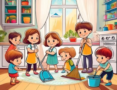 niños y niñas realizando tareas domésticas en casa