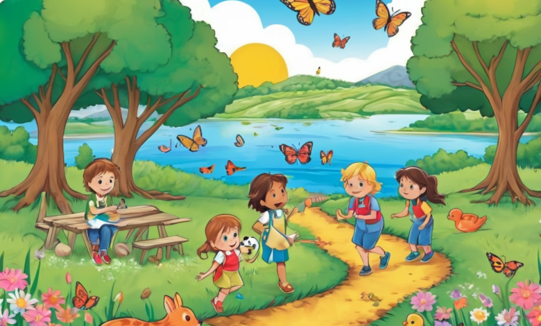 Una ilustración colorida y educativa sobre los seres vivos y su interacción con el entorno. La imagen muestra un parque lleno de vida, con niños explorando la naturaleza con lupas, observando insectos, árboles y animales. En un rincón, un biólogo y un veterinario explican a los niños cómo cuidar a los seres vivos. A un lado, un cartel destaca las características de los seres vivos, como crecer, nutrirse y reproducirse. En el fondo, se ve un cielo soleado con mariposas volando y un lago con patos, representando la biodiversidad.